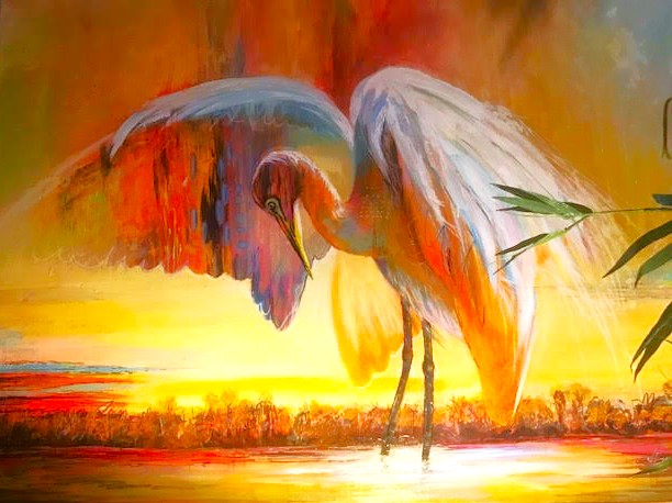 A vibrant painting depicting a large bird with outstretched wings, standing on a body of water against a backdrop of a colorful sunset sky.